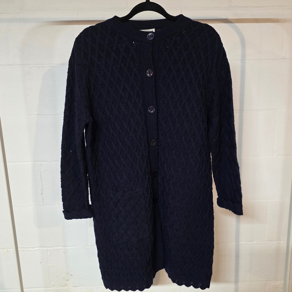 Vintage Wool Sidney Gould‎ Navy Blue Cable Knit Button Long Cardigan Sweater XL